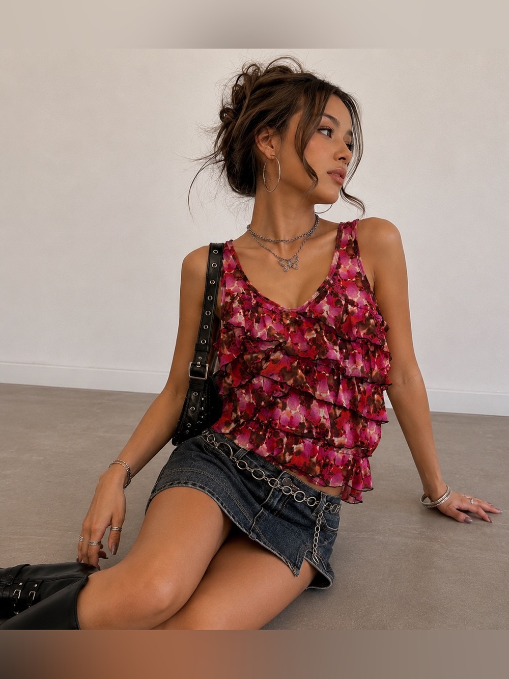 Fashion Bug Women’s Sheer Floral Ruffle Sleeveless Mesh Tank Top Pink Brown M